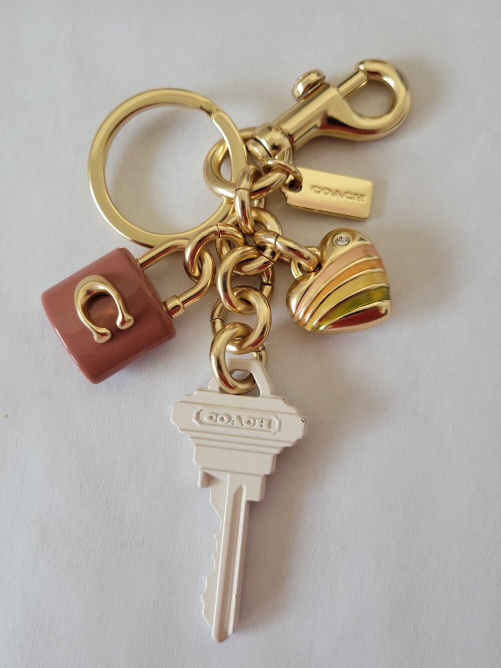Coach Bag Charm Keychain Gold Pink White Key & Charms CP891 - Picture 6 of 9